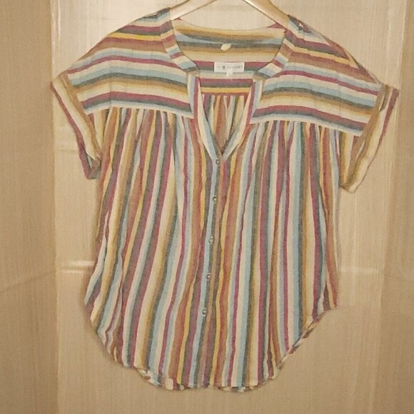 Lou & Grey For Loft Linen Blend Striped Button Front Top Small - Picture 1 of 5
